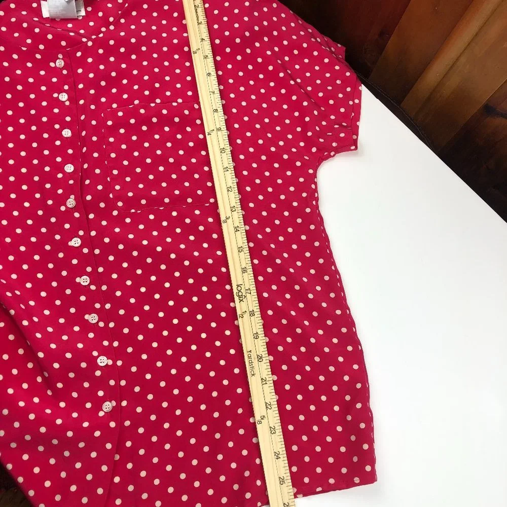 NEW Kathie Lee Vintage Silk Fushia Pink and White Polka Dot Short Sleeve Blouse - Picture 9 of 11